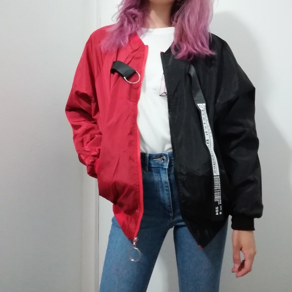 half black half red denim jacket